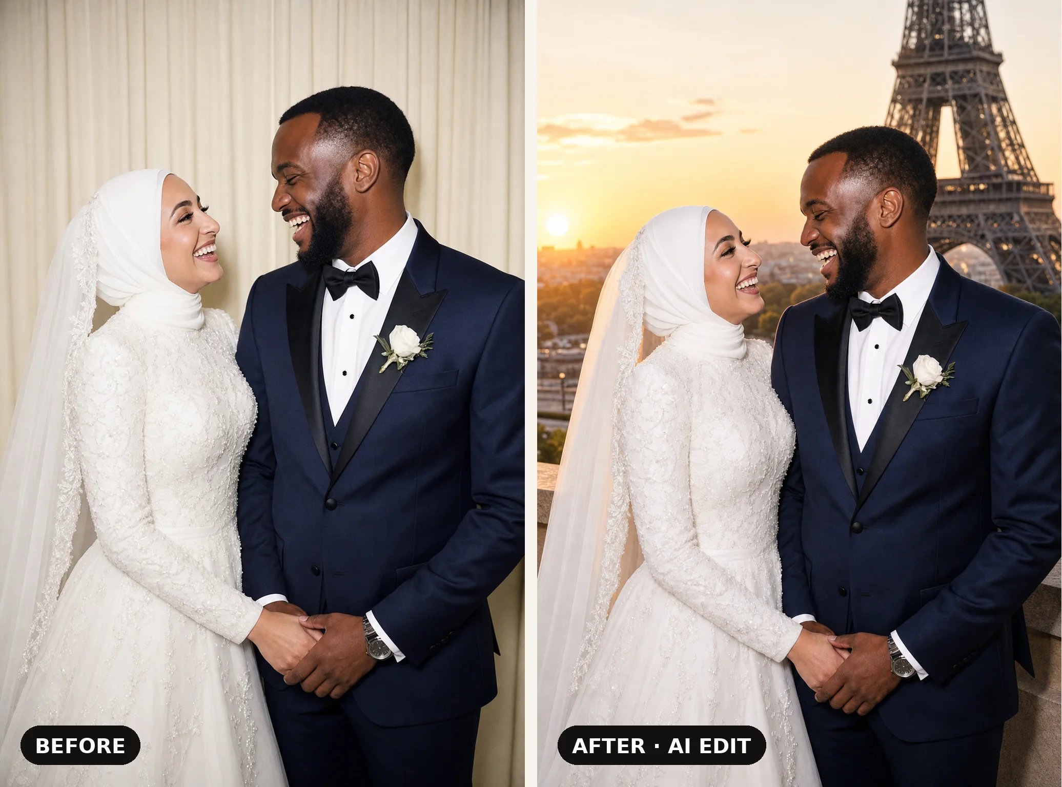 Before and after AI edit: a bride and groom photographed in the booth, then placed in front of the Eiffel Tower at sunset
